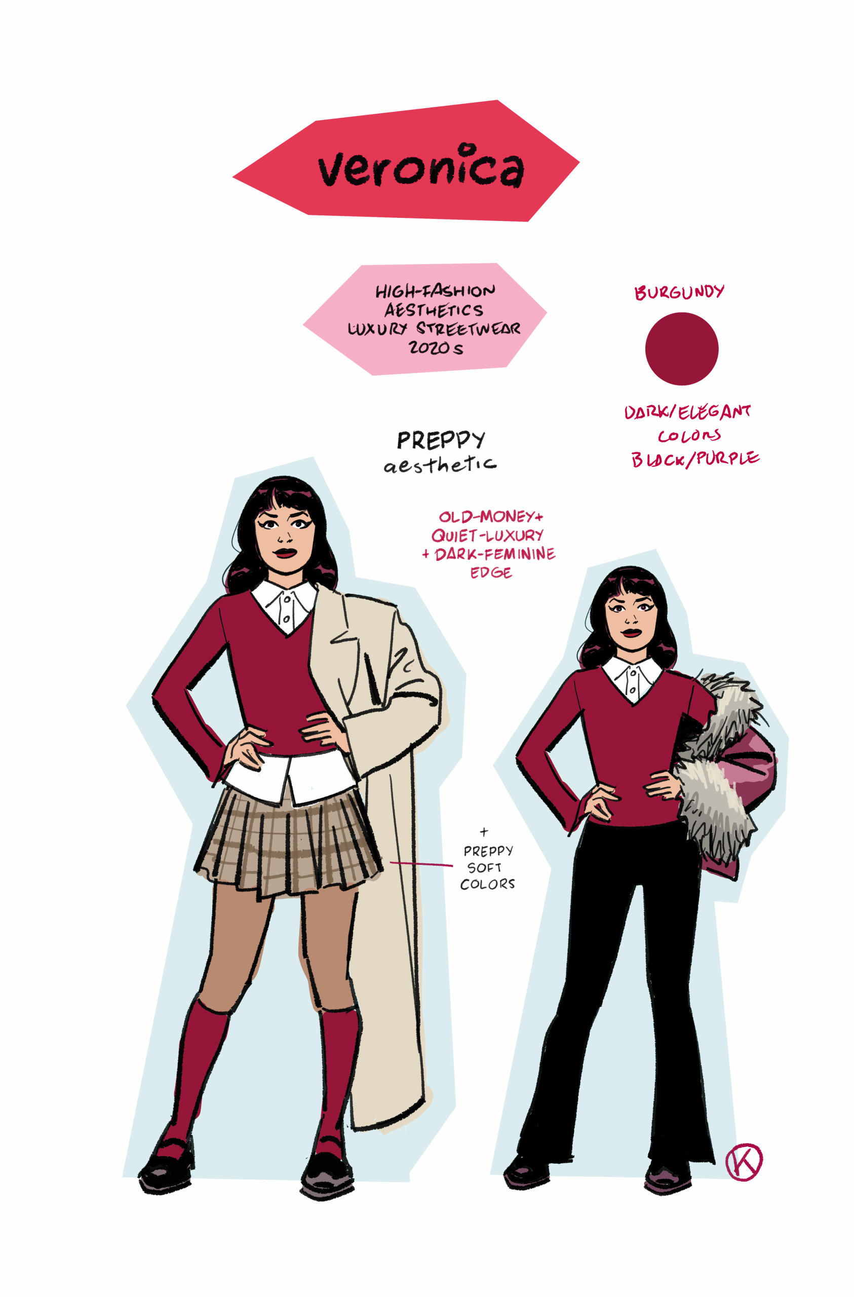 Two illustrations of a woman named Veronica showcase preppy fashion: one in a burgundy sweater, plaid skirt, and coat; the other in dark trousers, a white shirt, and furry bag.