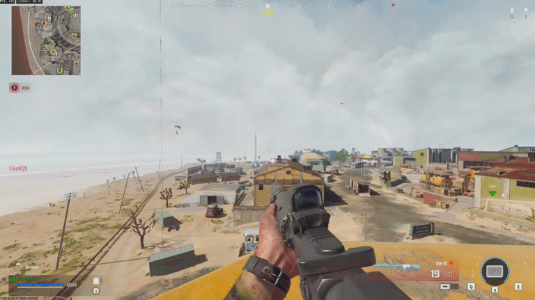 How To Win More Warzone Matches In 2026: The Complete Competitive Guide First-person view of a player aiming a scoped rifle at enemies parachuting onto a coastal town in a video game, with a mini-map and ammo count displayed on the screen.