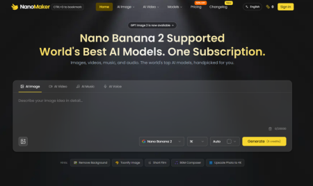 Screenshot of the NanoMaker website homepage, highlighting Nano Banana 2 AI model support and subscription for images, videos, music, and audio generation.