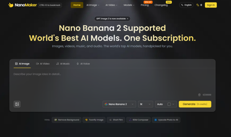 Screenshot of the NanoMaker website homepage, highlighting Nano Banana 2 AI model support and subscription for images, videos, music, and audio generation.