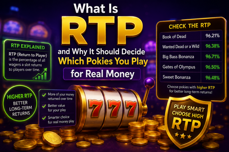 Infographic explaining RTP (Return to Player) for pokies, showing a 777 slot machine, gold coins, and RTP percentages for popular games, emphasizing the benefits of choosing high RTP slots.
