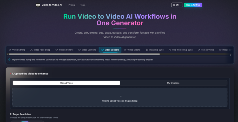 Screenshot of a video AI generator website interface, with options to upload a video and select AI-powered video enhancement features.
