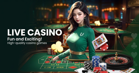 A woman in a green dress stands by casino tables with poker chips, cards, and a roulette wheel. Text reads "Live Casino, Fun and Exciting! High-quality casino games.