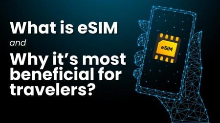 A digital illustration of a hand holding a smartphone with an eSIM icon, alongside the text "What is eSIM and why it’s most beneficial for travelers?.