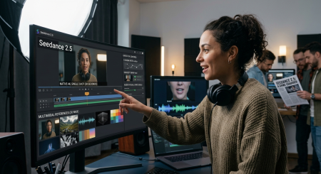 A woman edits a video on a large curved monitor in a modern studio, with editing software open. Several people work in the background, one holding a newspaper.