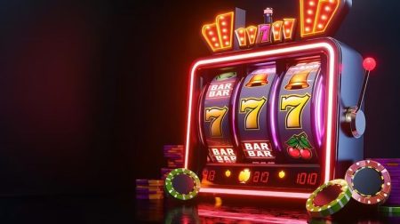 A brightly lit slot machine shows winning 7s and BAR symbols, with casino chips and poker chips scattered nearby on a dark background.