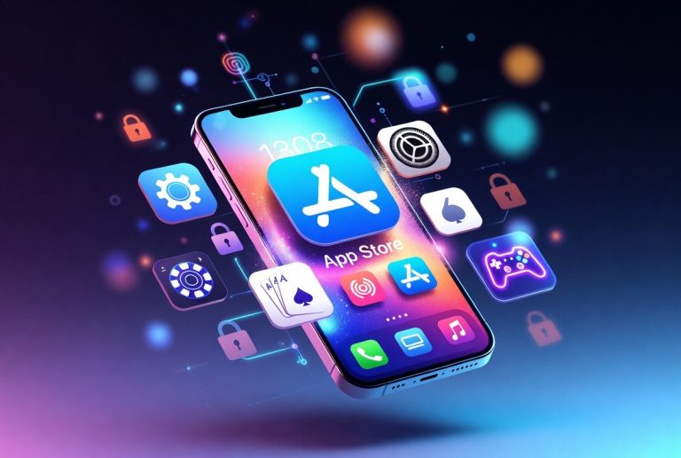 A smartphone displaying the App Store icon on its screen, surrounded by app icons and security padlock symbols, suggesting mobile applications and security.