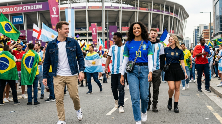 World Cup Style Guide: What To Wear With Your Football Shirts A group of people in football jerseys walk outside a stadium, surrounded by fans waving various national flags.