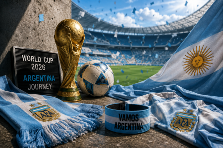 Argentina 2026 World Cup Journey: Still In or Heading Home? Argentina-themed football memorabilia, including a World Cup trophy, ball, flag, scarf, wristband, and letterboard reading "World Cup 2026 Argentina Journey," displayed in a stadium.