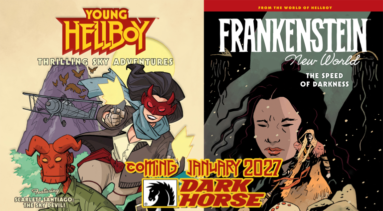 GVN Talking Comics Exclusive: Cover Reveals For ‘Young Hellboy: Thrilling Sky Adventures’ and ‘Frankenstein: New World Vol. 3’ Split image showing covers of "Young Hellboy: Thrilling Sky Adventures" with two characters and "Frankenstein: New World – The Speed of Darkness" featuring a woman; Dark Horse logo and "Coming January 2024.