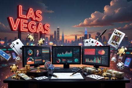 Three computer screens display financial data on a desk with casino chips, cards, dice, and cash, with a Las Vegas neon sign and cityscape in the background.