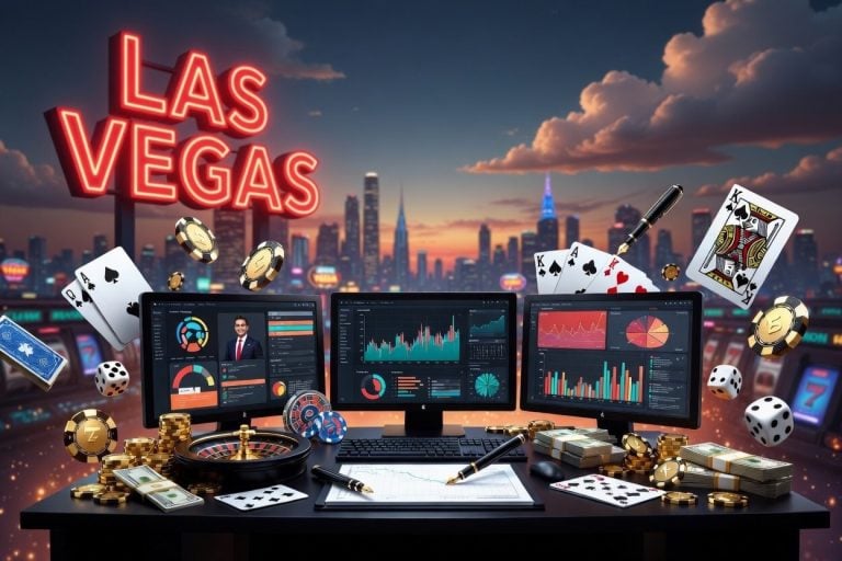 Three computer screens display financial data on a desk with casino chips, cards, dice, and cash, with a Las Vegas neon sign and cityscape in the background.