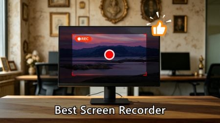 A computer monitor displays a screen recording interface with a landscape image; "Best Screen Recorder" text appears below, and a thumbs-up icon is shown above the monitor.