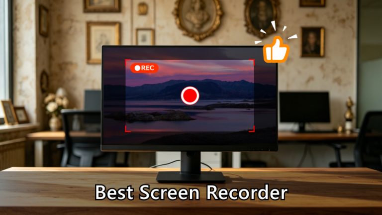 A computer monitor displays a screen recording interface with a landscape image; "Best Screen Recorder" text appears below, and a thumbs-up icon is shown above the monitor.