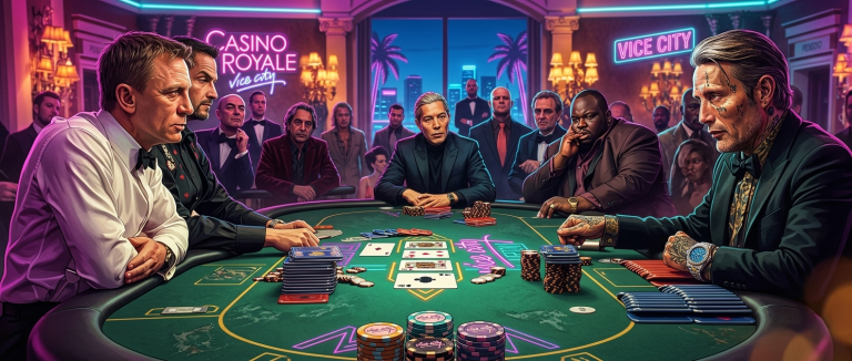 When Pop Culture Characters Hit The Casino: Why Fiction’s Gambling Scenes Actually Matter A group of men in formal attire play poker at a casino table, surrounded by spectators, with neon-lit signs reading "Casino Royale" and "Vice City" in the background.