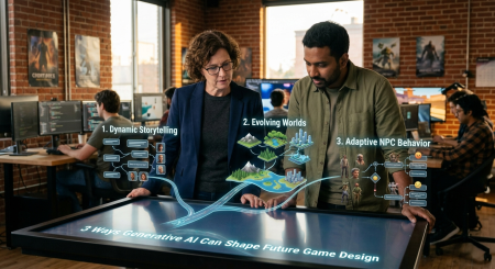 3 Ways Generative AI Can Shape Future Game Design Two people stand at a digital table displaying "3 Ways Generative AI Can Shape Future Game Design," with graphics on storytelling, evolving worlds, and adaptive NPC behavior.