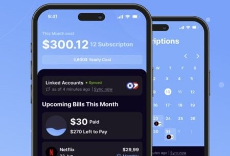 Two smartphone screens show a finance app displaying total subscription costs, linked accounts, and a list of upcoming bills, including Netflix, against a blue background.