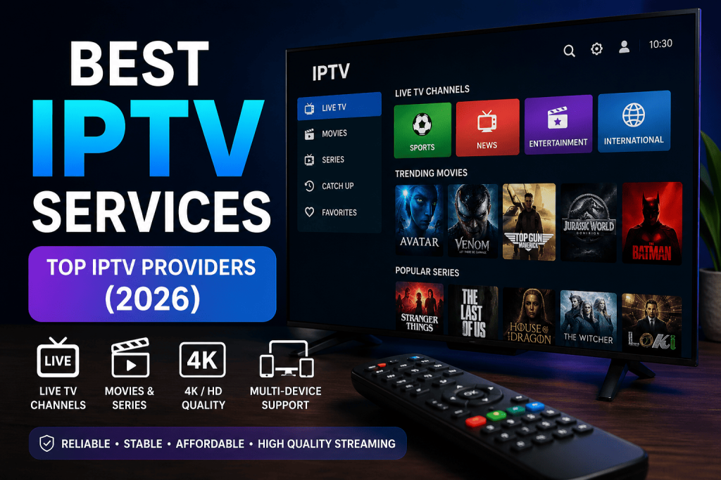 A TV screen displays an IPTV service menu with categories like Live TV, Movies, and Sports. A remote rests on a table. Text highlights "Best IPTV Services" and "Top IPTV Providers (2026).
