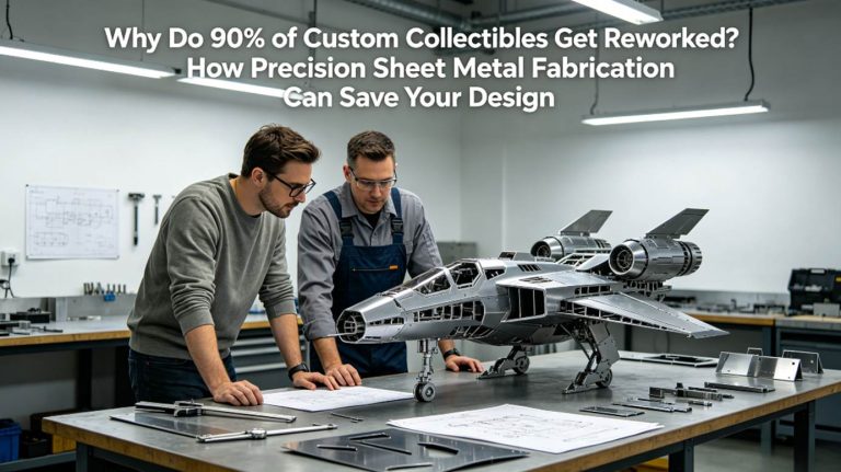 A hyper-realistic photo of a designer and an engineer collaboratively examining a partially assembled complex metal mecha model or sci-fi vehicle skeleton on a workbench, surrounded by calipers, blueprints, and sheet metal panels, with the article title overlaid.