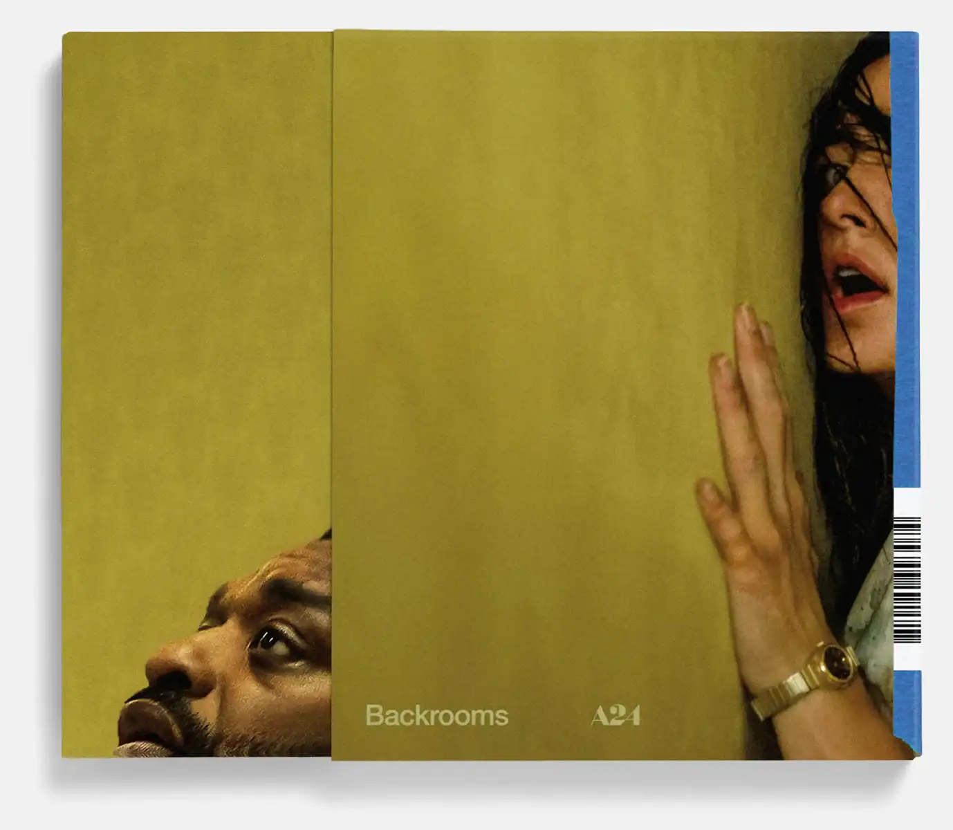 A man looks up anxiously while a woman, partially obscured, presses her ear to a yellow wall. Text reads "Backrooms" and "A24.