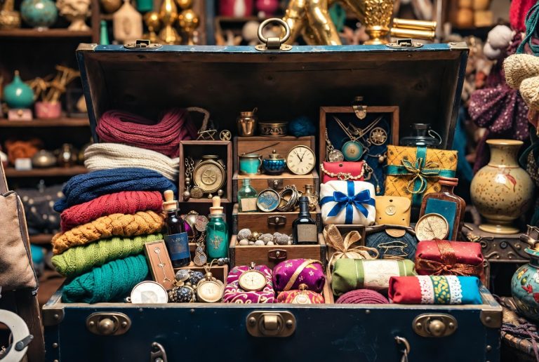 Open chest filled with folded colorful sweaters, wrapped gifts, vintage clocks, jars, beads, small boxes, and vases on shelves in the background.