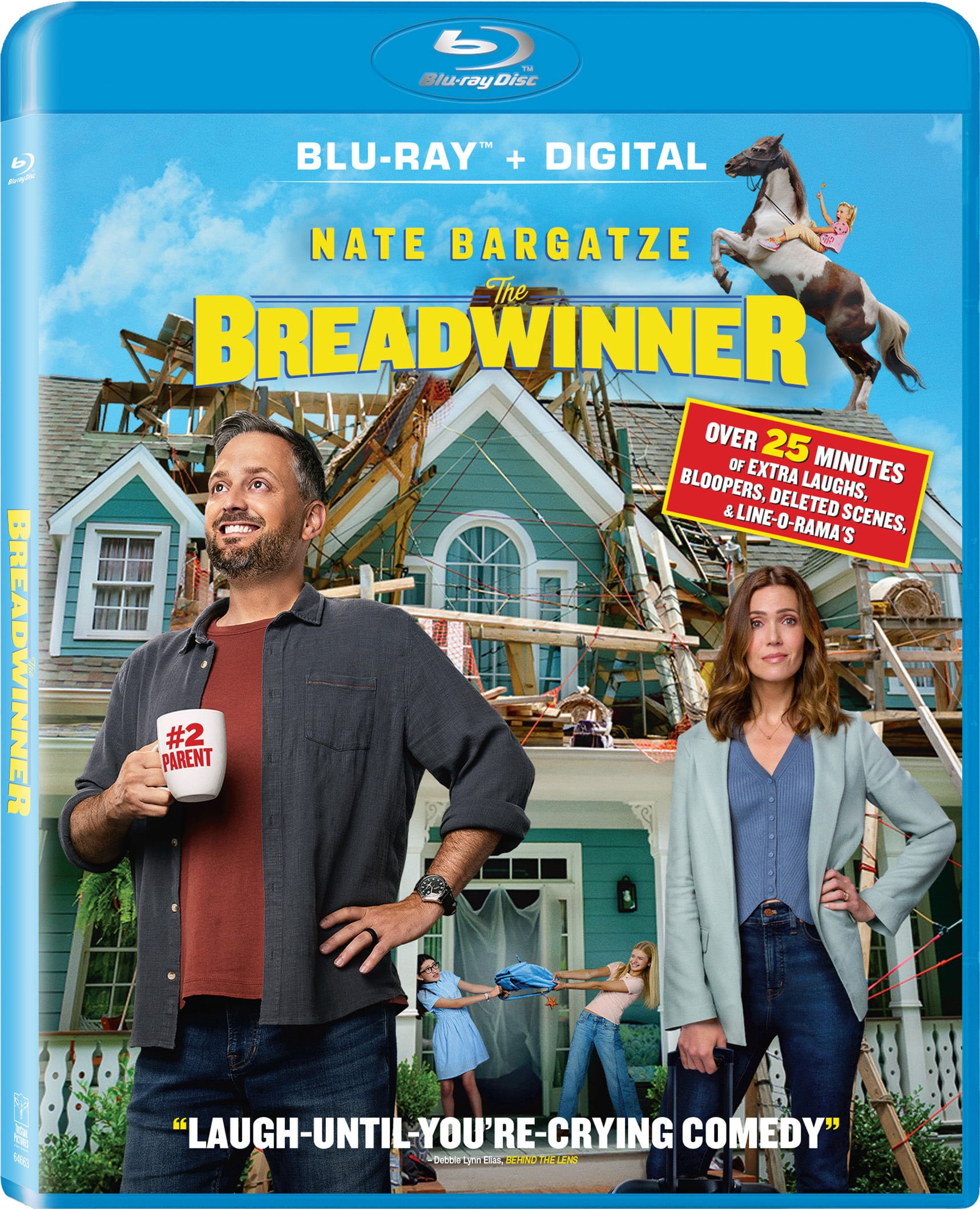 Blu-ray cover for "The Breadwinner" featuring Nate Bargatze, a woman, and a child in front of a chaotic house with construction. Includes a #2 Parent mug and a horse on the roof.