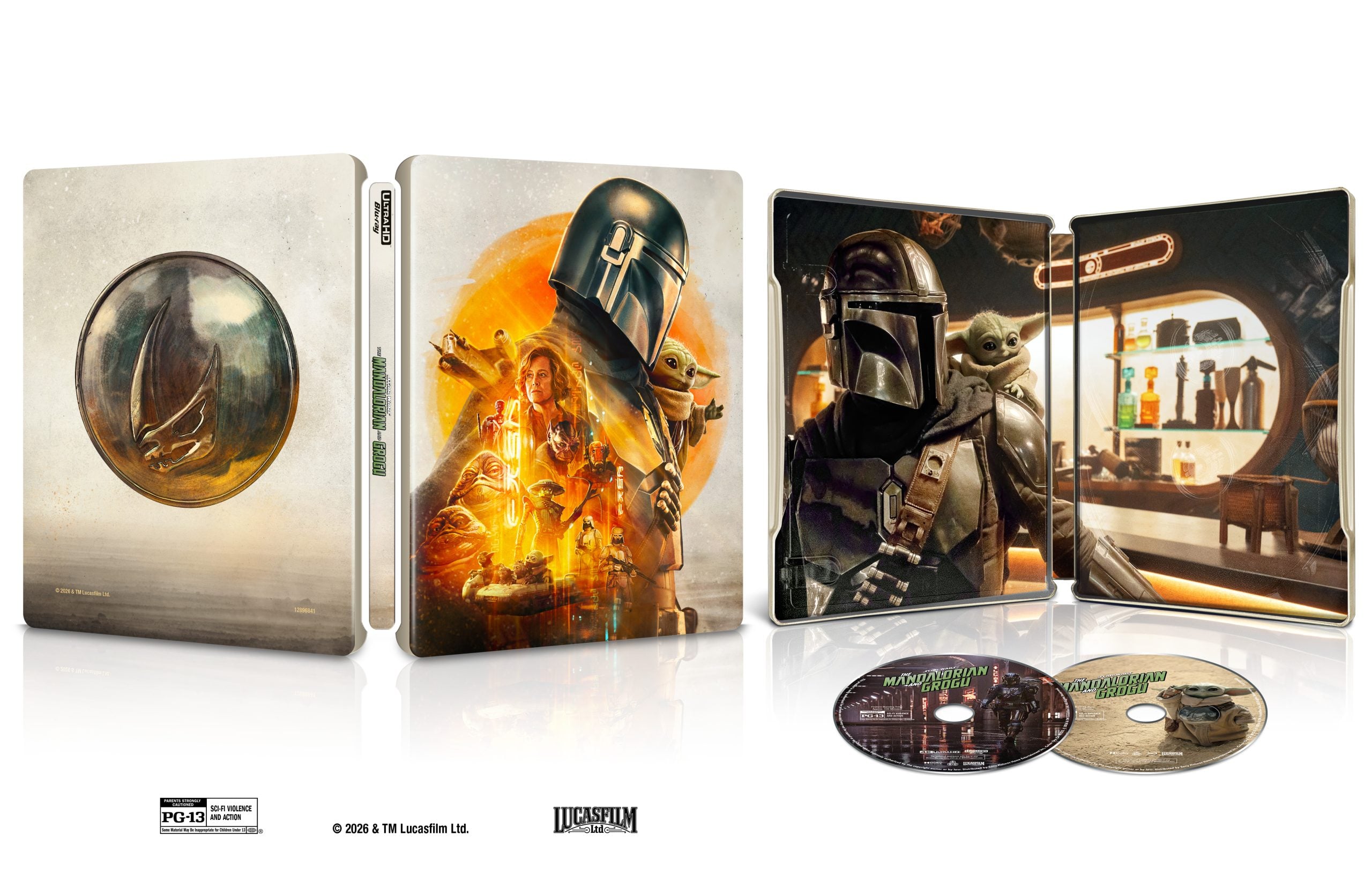 The Mandalorian Season 1 steelbook set with outer packaging, inner artwork featuring characters, and two discs displayed.