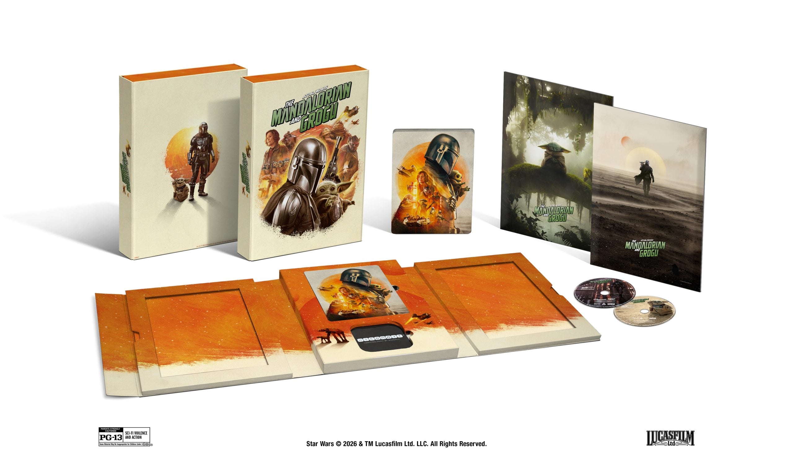 Box set of "The Mandalorian" Season 1 includes illustrated packaging, Blu-ray discs, art cards, and collectible pins arranged on a white background.