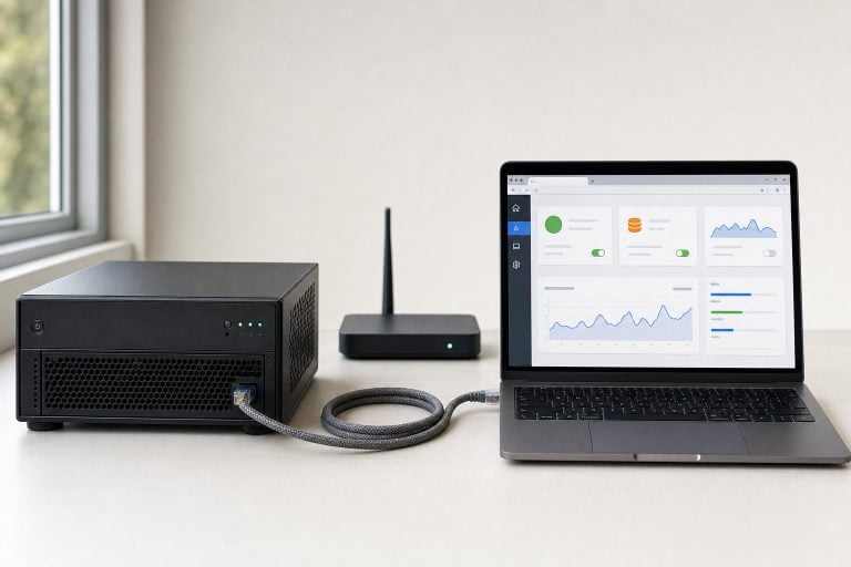 How User-Friendly Control Panels Are Making Game Server Management Accessible A small black server is connected by cable to a laptop displaying data dashboards; a black wireless router sits in the background.