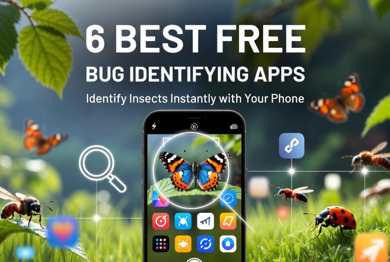 A smartphone with insect apps displayed on screen surrounded by bugs, with text: "6 Best Free Bug Identifying Apps – Identify Insects Instantly with Your Phone.
