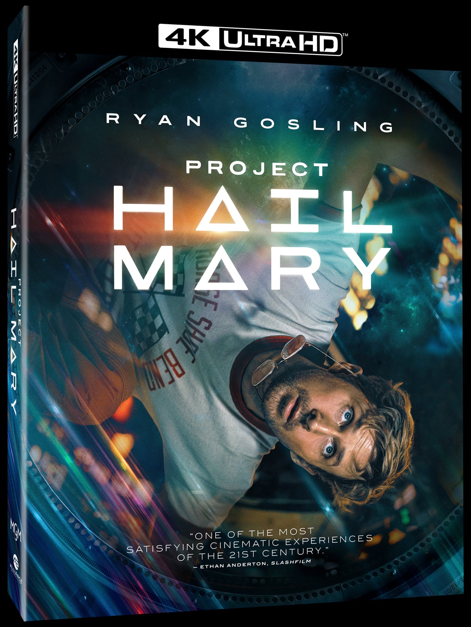 Cover of the 4K Ultra HD edition of "Project Hail Mary," featuring Ryan Gosling's face and space-themed graphics, with a quote praising the film at the bottom.