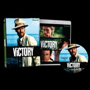 Blu-ray set of the film "Victory" featuring the box, disc, and case with images of the main characters on the covers.