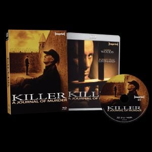 Blu-ray case, disc, and cover art for "Killer: A Journal of Murder," featuring a man in profile near a prison wall and a close-up of a man's face behind bars.