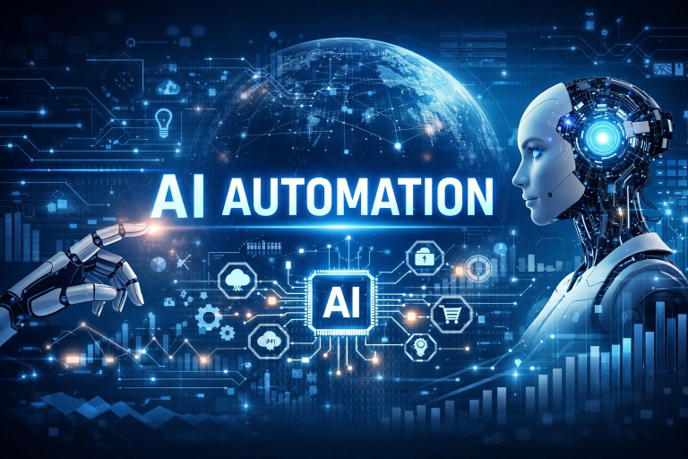 A digital illustration showing a robot and a human-like AI facing each other, with the words "AI Automation" and various technology icons in a futuristic, blue-toned design.