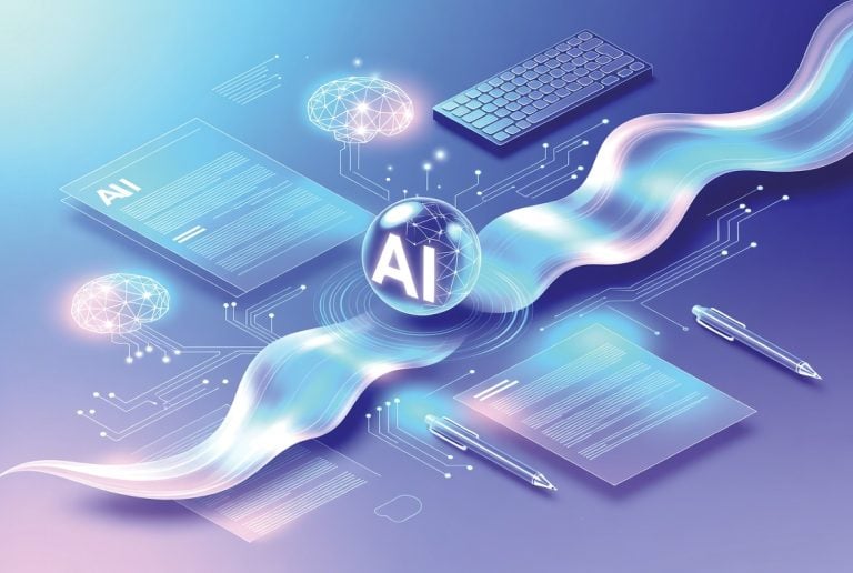 Futuristic illustration of AI with digital documents, pens, a keyboard, abstract connections, and a glowing sphere labeled “AI” on a purple and blue background.