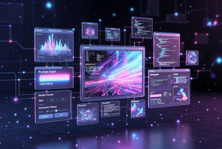 How To Choose The Right AI Creation Workspace For Your Team A digital interface displays multiple floating windows with graphs, code, and data visualizations in a futuristic, neon-lit environment.