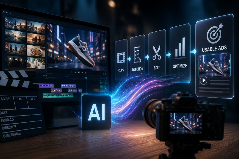 A computer screen displays video editing software for an ad, with AI technology and optimization icons leading to a camera and a “Usable Ads” graphic.