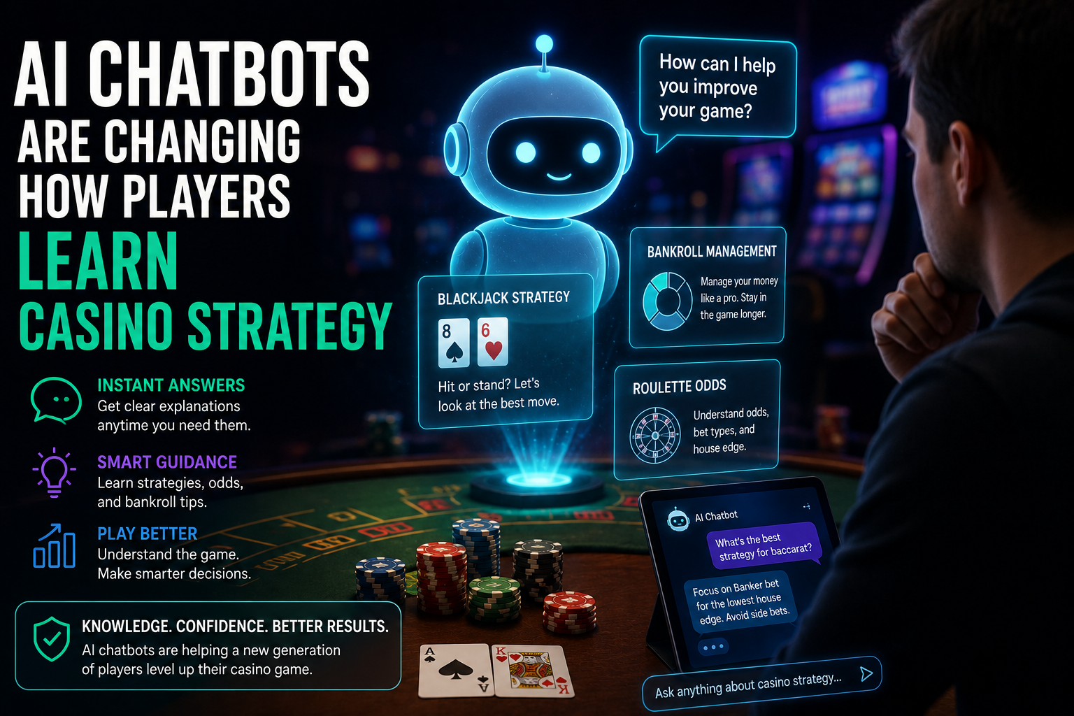 Chatbots That Teach Casino Strategies A man plays blackjack at a casino table as a holographic AI chatbot gives advice on strategy, bankroll management, and odds. Text highlights AI chatbots’ role in learning casino strategy.