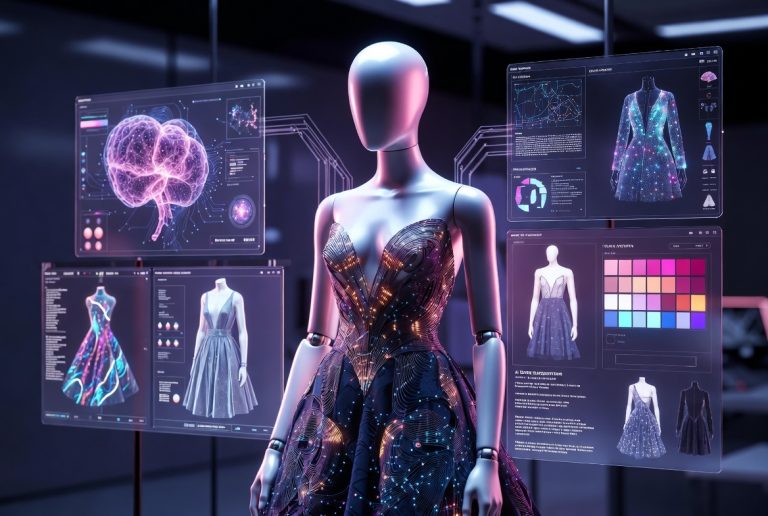 How Artificial Intelligence Is Changing Fashion Product Development A mannequin in a futuristic dress stands among digital screens displaying brain graphics, dress designs, data charts, and color palettes in a modern, high-tech room.