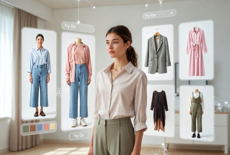 How AI Outfit Previews Can Help Creators Plan Convention Looks Before the Big Weekend A woman stands in a modern room, surrounded by virtual clothing try-on screens displaying different outfits and color options.