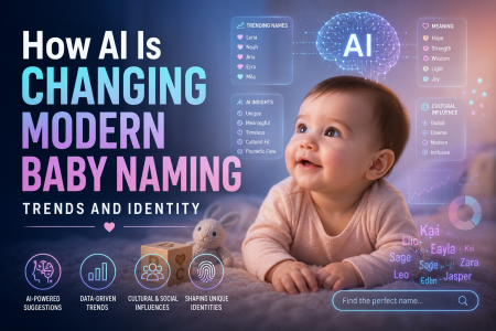 A baby lies on a blanket with AI-themed graphics showing modern baby naming trends, data analysis icons, and popular names encircling the infant.