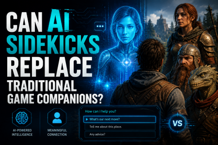 Can AI Sidekicks Replace Traditional Game Companions? A glowing AI character faces adventurers in fantasy armor. Bold text asks, "Can AI sidekicks replace traditional game companions?" with dialogue options and tech icons shown below.