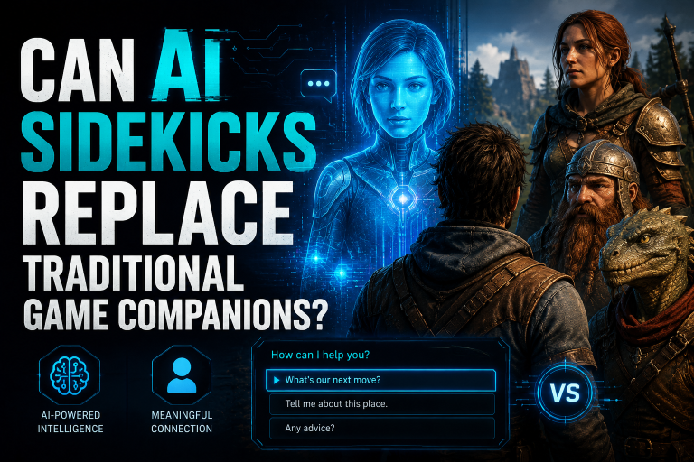 Can AI Sidekicks Replace Traditional Game Companions? A glowing AI character faces adventurers in fantasy armor. Bold text asks, "Can AI sidekicks replace traditional game companions?" with dialogue options and tech icons shown below.