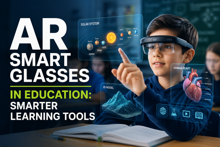 AR Smart Glasses In Education: Smarter Learning Tools Boy wearing AR smart glasses interacts with virtual educational displays on solar system, heart, and 3D model in classroom; text promotes AR smart glasses as smarter learning tools in education.