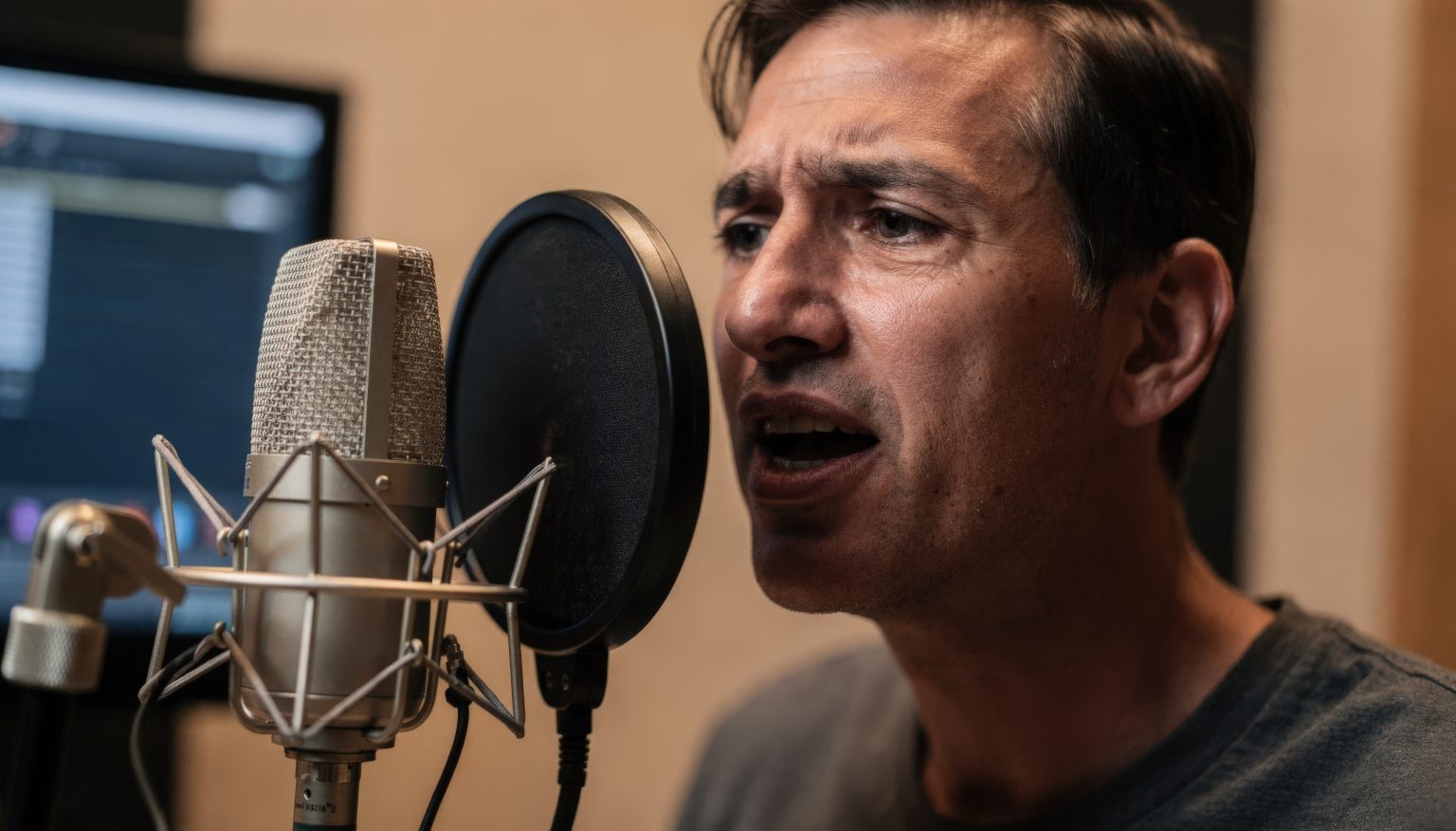 Beyond The Booth: How Modern ADR, Voiceover Integration, And Remote Tracking Are Reshaping Global Post-Production A man speaks or sings into a microphone in a recording studio, positioned close to a pop filter, with a computer screen visible in the background.