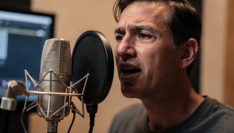 A man speaks or sings into a microphone in a recording studio, positioned close to a pop filter, with a computer screen visible in the background.