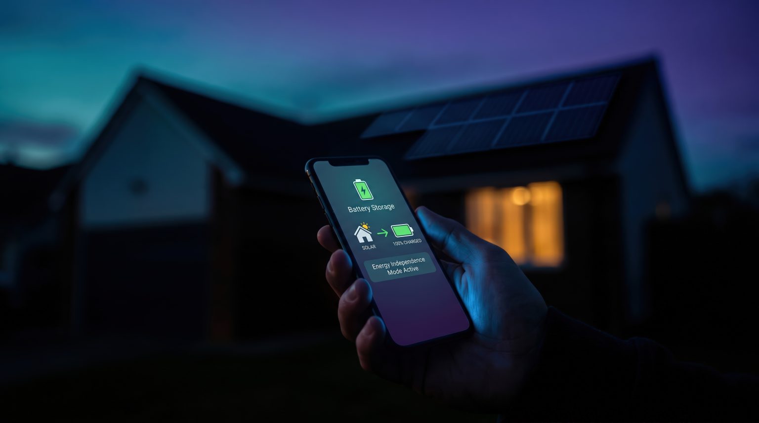 Top Residential Battery Storage Solution For Southeast Asia In 2026 A hand holds a smartphone displaying a battery storage app in front of a house with solar panels on the roof at dusk.