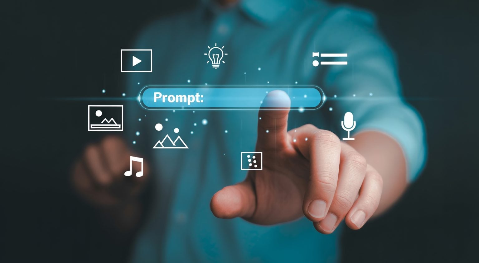 From Prompt Guessing To Directing: How Multi-Modal Input Changes The Creative Workflow A person in a blue shirt touches a virtual search bar labeled "Prompt:" with digital icons for media, images, music, and settings floating around it.