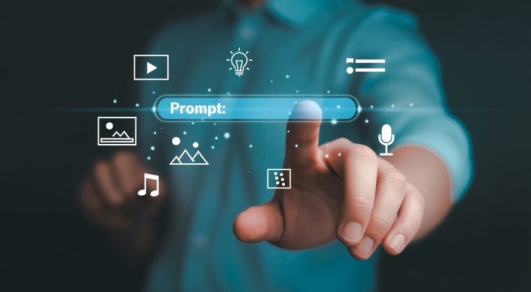 A person in a blue shirt touches a virtual search bar labeled "Prompt:" with digital icons for media, images, music, and settings floating around it.