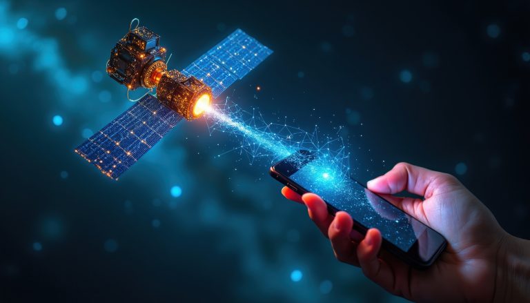 The Architecture of Modern Communication: Why Segmenting Personal And Professional Channels Matters A hand holds a smartphone receiving a digital signal from a satellite in space, illustrated with light beams and network patterns.